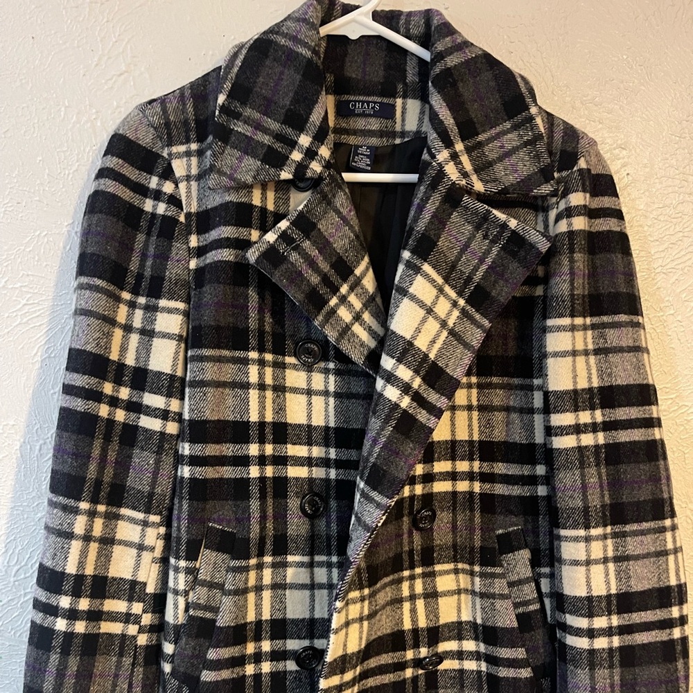 Chaps women’s Checkered Pea Coat - Black and Purple